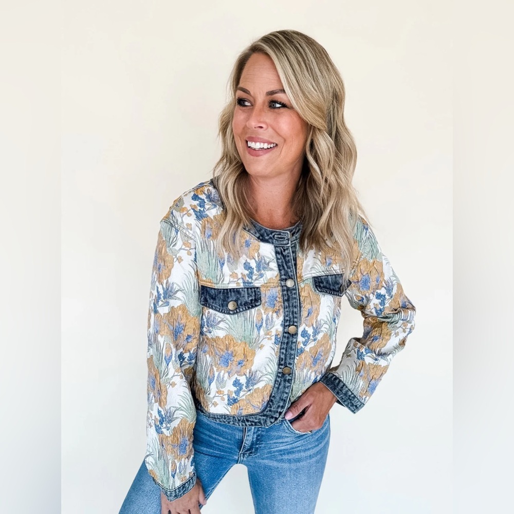 Floral woven jacquard denim button boho bohemian jacket - Picture 11 of 14